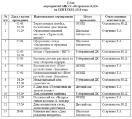 План мероприятий МКУК «Островское КДО» на сентябрь 2018 года