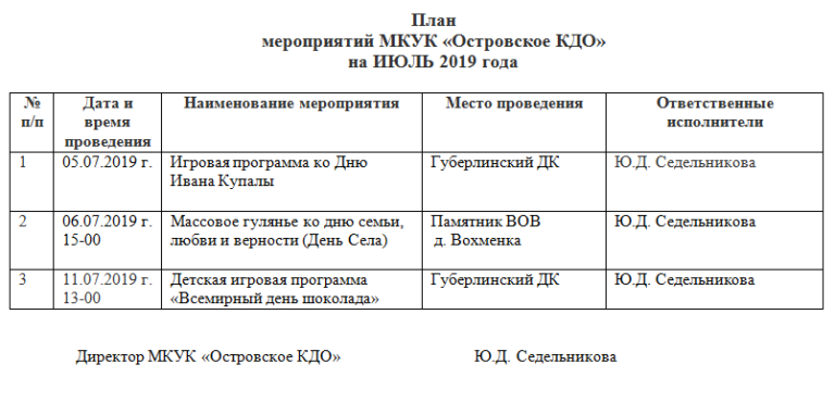 План мероприятий на день села в доме культуры