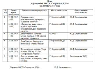 План мероприятий МКУК «Островское КДО» на ноябрь 2019 года